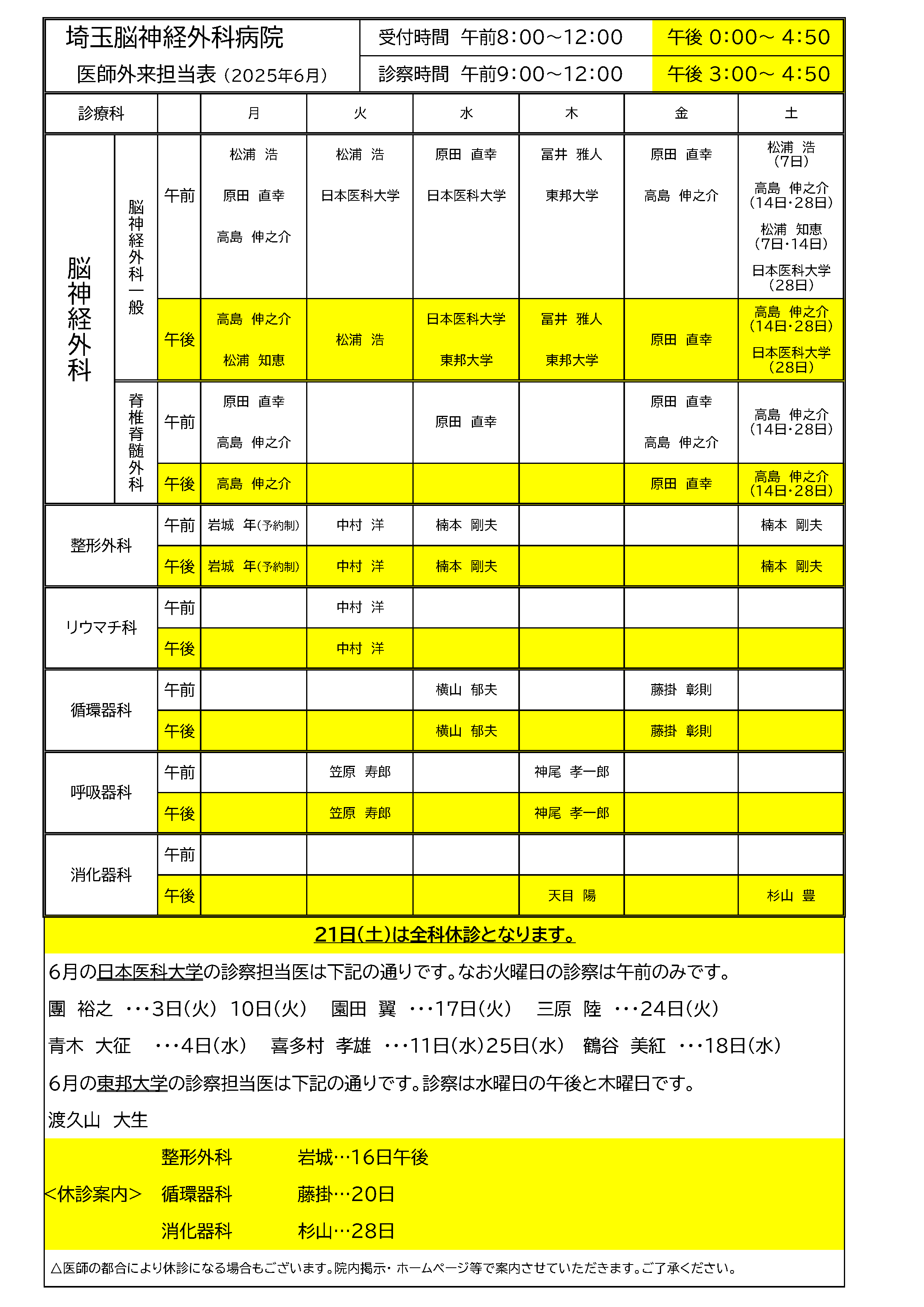 2025年06月外来担当医表