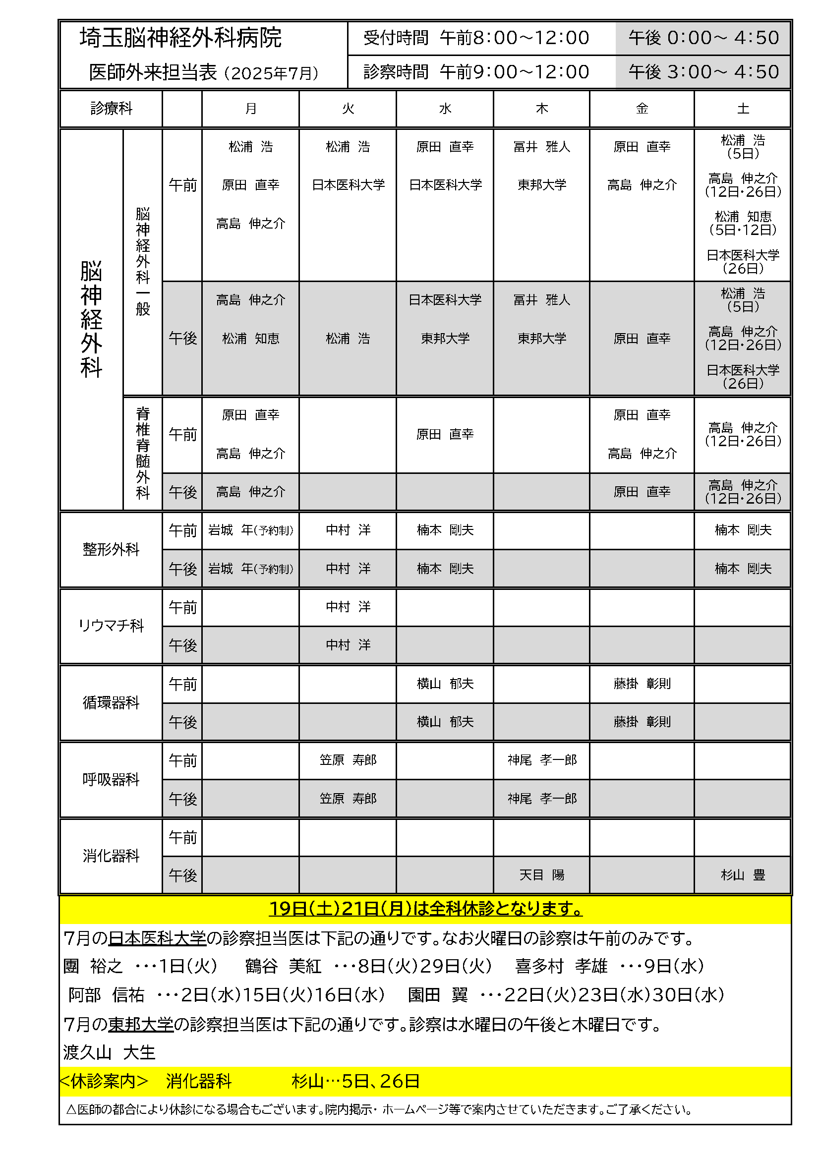 2025年07月外来担当医表