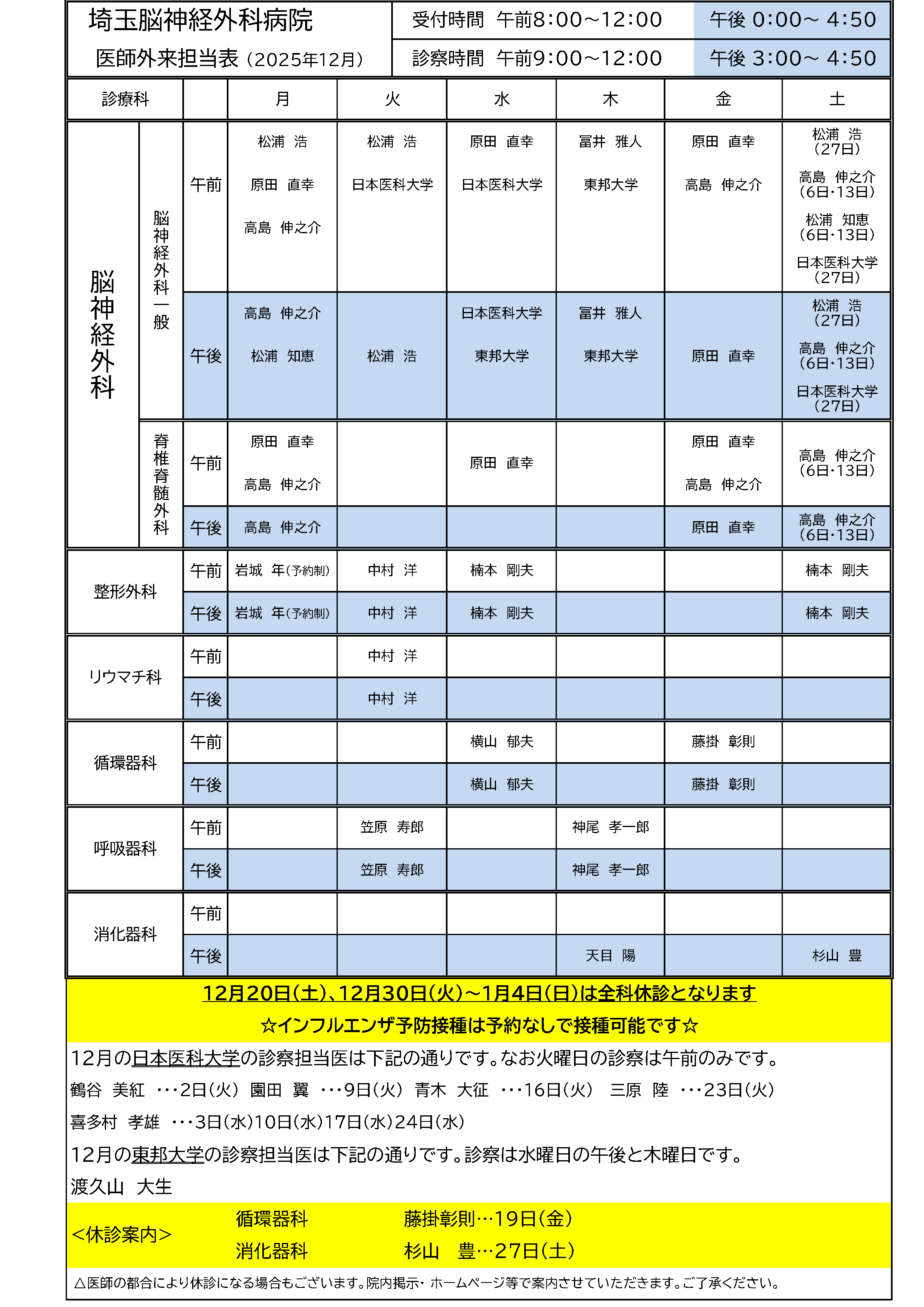 2025年12月 外来担当医表