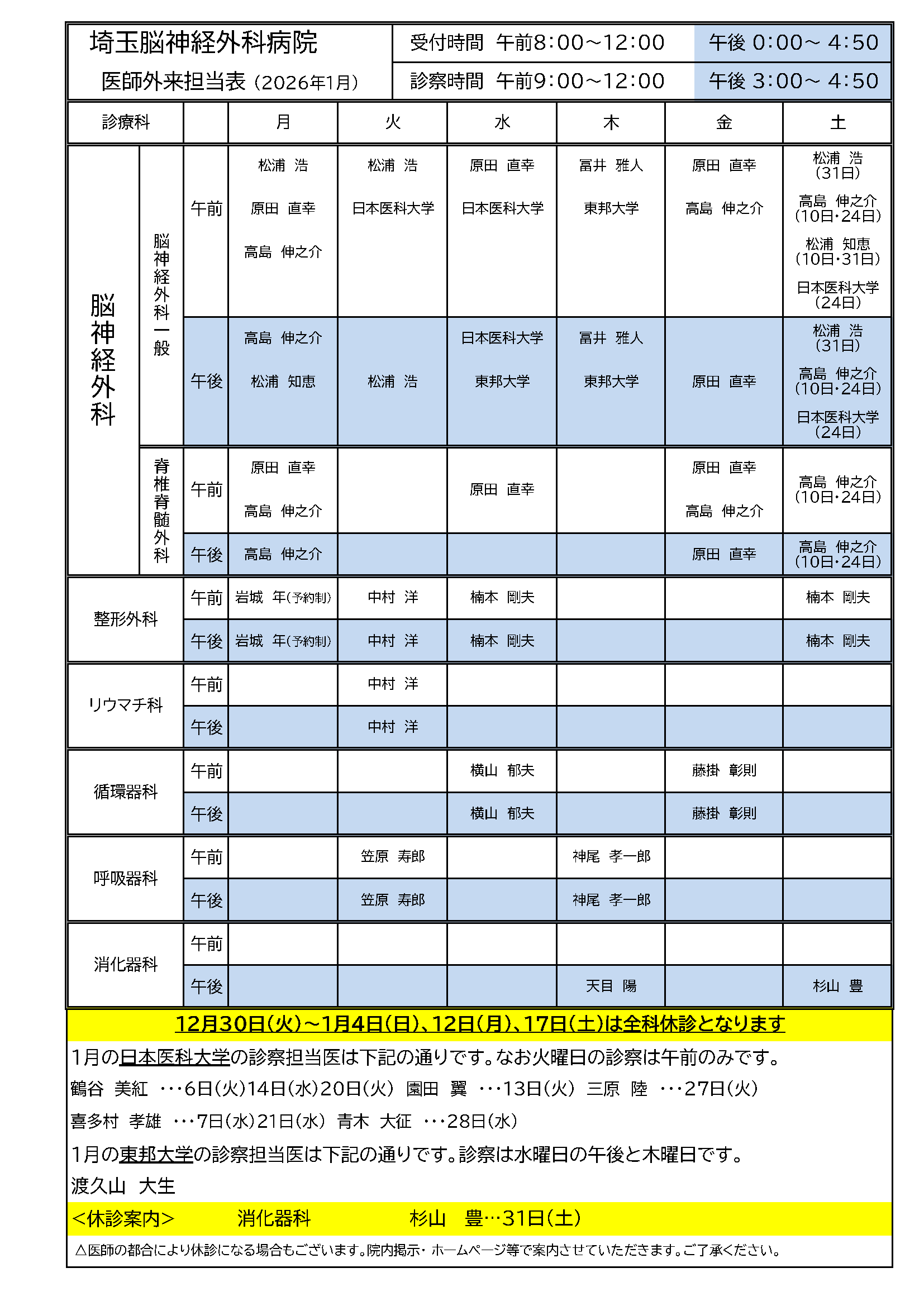2026年01月 外来担当医表