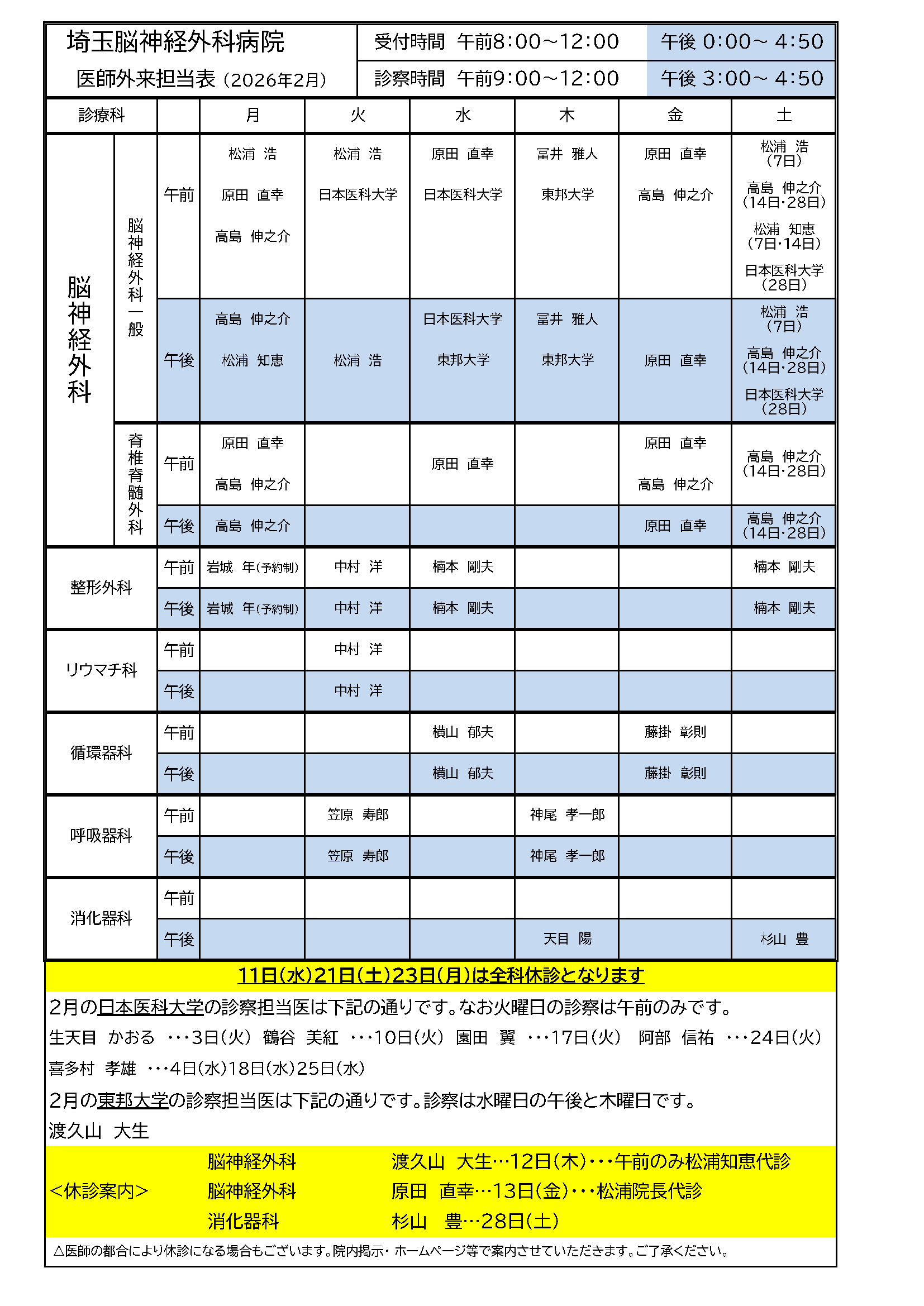 2026年02月 外来担当医表