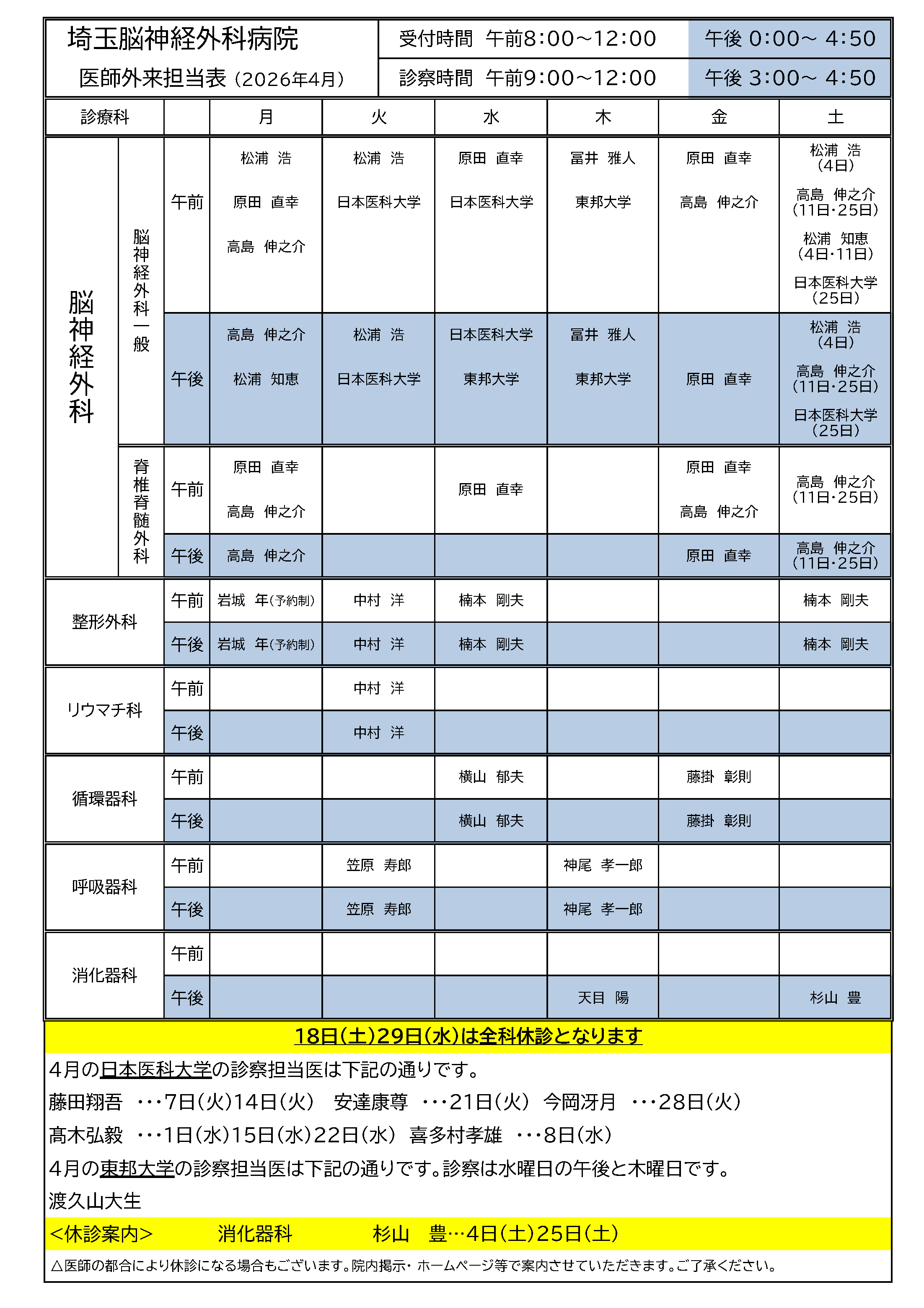 2026年04月 外来担当医表